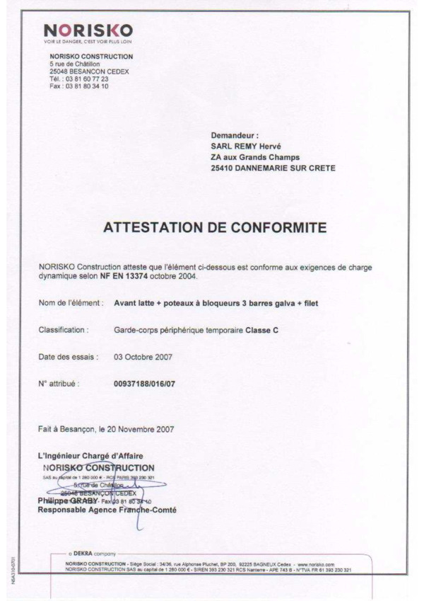Attestation de conformité Avant-latte réf.003960