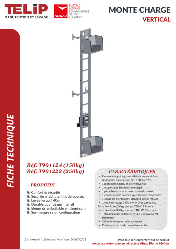 Fiche technique monte charge vertical