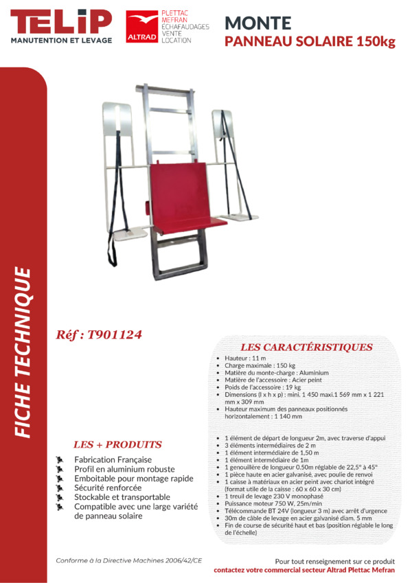 Fiche technique monte panneau solaire 150 KG