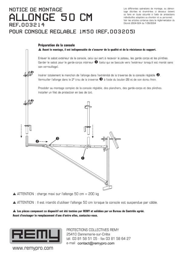 NOTICE DE MONTAGE
ALLONGE 50 cm réf.003214
POUR CONSOLE RÉGLABLE 1m50 (réf.003205)