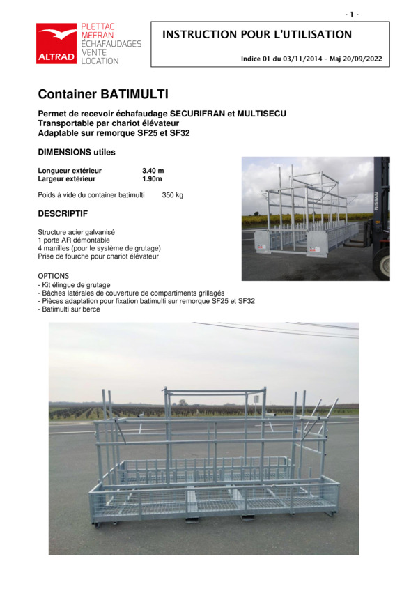 INSTRUCTION POUR L’UTILISATION
pour container BATIMULTI